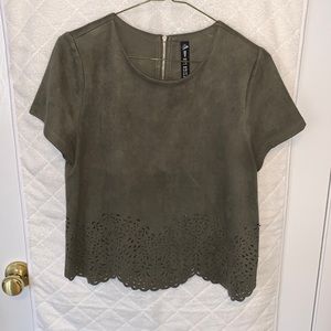 Olive green micro suede t-shirt with laser cut detail on hem